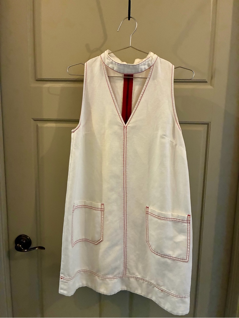 HOLDING HORSES White Sleeveless Shift Dress with Red Top Stitching